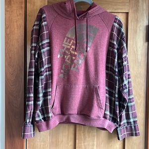 Upcycled North Face sweatshirt with flannel sleeves